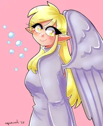 Size: 1800x2211 | Tagged: safe, artist:mylittleyuri, derpibooru import, derpy hooves, human, blushing, clothes, cute, derpabetes, elf ears, female, humanized, image, pink background, png, simple background, solo, sweater, winged humanization, wings