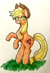 Size: 2789x4030 | Tagged: safe, artist:mylittleyuri, derpibooru import, applejack, earth pony, pony, applejack's hat, cowboy hat, cute, female, hat, image, jackabetes, jpeg, mare, open mouth, rearing, solo, traditional art