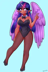 Size: 730x1095 | Tagged: safe, artist:mylittleyuri, derpibooru import, twilight sparkle, human, blue background, bowtie, bunny suit, clothes, cute, dark skin, elf ears, female, fishnets, high heels, horn, horned humanization, humanized, image, jpeg, pantyhose, peace sign, playboy bunny, shoes, simple background, socks, solo, stockings, thigh highs, twiabetes, winged humanization, wings