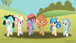 Size: 1191x671 | Tagged: safe, artist:crayoncreates, artist:denovoanew, derpibooru import, oc, oc:flower, oc:kyle starstruck, oc:sapphire song, oc:sweetart, oc:velvet glam, oc:winter melody, unofficial characters only, earth pony, pegasus, pony, unicorn, all bottled up, base used, best friends until the end of time, bun hairstyle, deviantart watermark, earth pony oc, female, horn, image, male, mare, mascara, obtrusive watermark, pegasus oc, png, shadow, signature, stallion, unicorn oc, watermark, wings