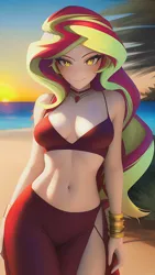 Size: 864x1536 | Tagged: suggestive, derpibooru import, editor:sammykun, machine learning generated, novelai, stable diffusion, sunset shimmer, human, bracelet, breasts, busty sunset shimmer, clothes, dress, gold, humanized, image, jewelry, looking at you, midriff, necklace, png, reasonably sized breasts, red dress, seductive, sexy, skirt, slim, smiling, tight clothing