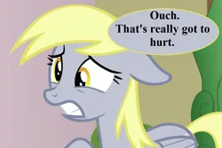 Size: 1080x720 | Tagged: safe, derpibooru import, edit, edited screencap, screencap, derpy hooves, triple threat, cropped, image, png, reaction image, speech bubble, wince