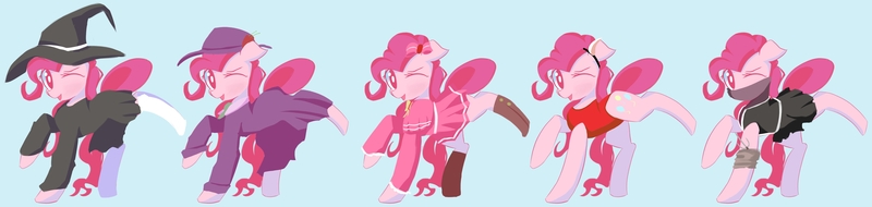 Size: 5634x1339 | Tagged: safe, artist:solid shrimp, derpibooru import, pinkie pie, earth pony, pony, succubus, boots, clothes, cute, detective, diapinkes, female, hat, image, jpeg, ninja, outfit, shoes, simple background, socks, solo, witch, witch hat