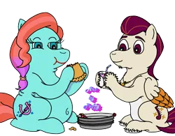 Size: 2675x2082 | Tagged: safe, artist:puffydearlysmith, derpibooru import, earth pony, pegasus, pony, belly button, crumbs, cup, drink, drinking straw, eating, fat, female, food, g5, image, jazz hooves, jewelry, male, mare, necklace, pie, png, rockjazz, rocky riff, shipping, simple background, stallion, straight, stuffed, transparent background, unshorn fetlocks