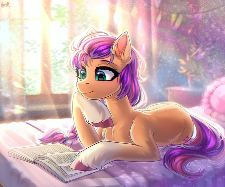 Size: 2400x2000 | Tagged: safe, artist:hakaina, derpibooru import, sunny starscout, earth pony, pony, backlighting, beautiful, bed, bedroom, book, braid, braided ponytail, chest fluff, coat markings, colored, crepuscular rays, cute, depth of field, ear fluff, eyelashes, female, fluffy, g5, gradient hooves, green eyes, high res, hoof fluff, hoof on chin, image, leg fluff, looking at something, looking down, lying down, mare, on bed, pillow, png, ponytail, potted plant, prone, reading, scrunchie, shading, shadow, signature, smiling, socks (coat marking), solo, spine, sunnybetes, unshorn fetlocks, window