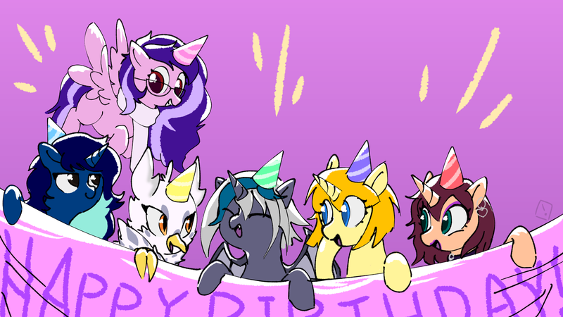 Size: 1920x1080 | Tagged: safe, artist:metaruscarlet, derpibooru import, oc, oc:chloe adore, oc:elizabat stormfeather, oc:gerbera, oc:midnight specter, oc:rain sunburst, oc:tippy toes, unofficial characters only, alicorn, bat pony, bat pony alicorn, hippogriff, pegasus, pony, unicorn, alicorn oc, bat pony oc, bat wings, birthday, choker, cute, ear piercing, earring, eyes closed, eyeshadow, female, flying, hat, hippogriff oc, horn, image, jewelry, makeup, mare, markings, open mouth, party hat, piercing, png, purple background, raised hoof, simple background, sunglasses, wings