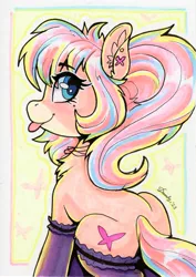 Size: 1467x2072 | Tagged: safe, artist:dandy, derpibooru import, oc, oc:bijou butterfly, unofficial characters only, earth pony, pony, chest fluff, clothes, copic, ear fluff, earth pony oc, eye clipping through hair, eyebrows, eyebrows visible through hair, female, image, jewelry, looking at you, looking back, looking back at you, mare, necklace, piercing, png, ponytail, sitting, socks, solo, stockings, thigh highs, tongue out, traditional art