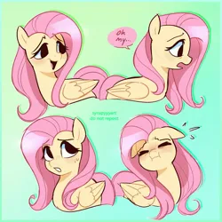 Size: 2433x2433 | Tagged: safe, artist:syrupyyy, derpibooru import, fluttershy, pegasus, pony, :i, blushing, cute, dialogue, emanata, expressions, eyes closed, female, gradient background, high res, image, jpeg, mare, no iris, oh my, open mouth, open smile, plewds, shyabetes, smiling, solo, speech bubble