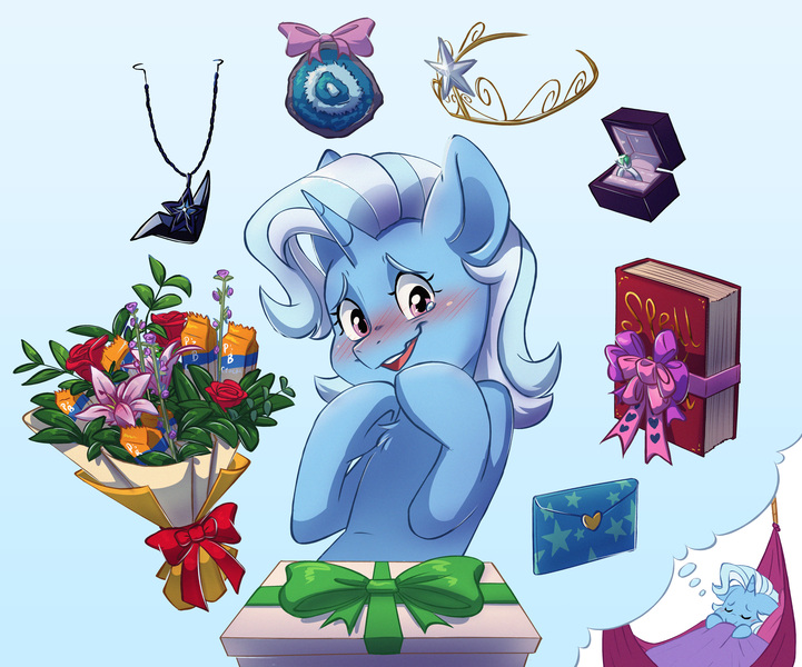 Size: 4485x3733 | Tagged: safe, artist:chub-wub, derpibooru import, trixie, pony, unicorn, alicorn amulet, bed, blanket, blue background, blushing, book, crackers, crown, cute, diatrixes, dream, female, flower, food, hammock, image, jewelry, jpeg, letter, mare, necklace, open mouth, peanut butter, peanut butter crackers, regalia, ring, simple background, sleeping, solo, tiara, wedding ring