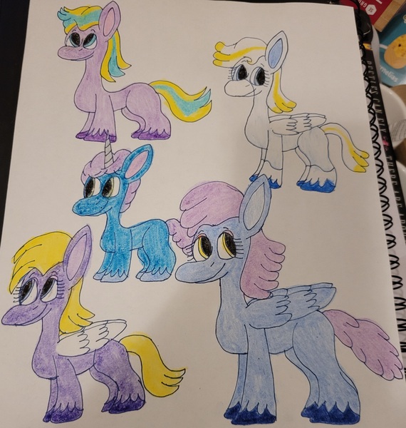 Size: 2908x3062 | Tagged: safe, artist:mintwhistle, derpibooru import, oc, oc:angel hooves, oc:chamomile, oc:miss hortensia, oc:miss hydrangea, oc:perfect pitch, unofficial characters only, earth pony, pegasus, pony, unicorn, colt, crayon drawing, earth pony oc, eyeshadow, female, foal, g5, g5 oc, group, horn, image, jpeg, looking back, looking left, looking right, looking up, makeup, male, mare, missing cutie mark, no catchlights, pegasus oc, pink eyeshadow, quintet, sketchbook, smiling, stallion, traditional art, unicorn oc, unshorn fetlocks, wings