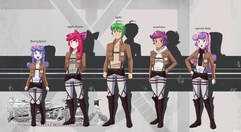 Size: 1206x663 | Tagged: safe, artist:riouku, derpibooru import, apple bloom, princess flurry heart, scootaloo, spike, sweetie belle, human, anime, attack on titan, commission, cutie mark crusaders, humanized, image, jpeg, reference, shipping, uncle spike