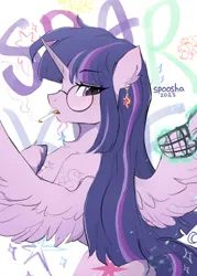 Size: 1468x2048 | Tagged: safe, artist:spoosha, derpibooru import, twilight sparkle, twilight sparkle (alicorn), alicorn, pony, abstract background, cigarette, cutie mark accessory, cutie mark earrings, ear piercing, earring, eyebrows, eyebrows visible through hair, gag, glasses, image, jewelry, jpeg, muzzle gag, piercing, round glasses, smoking, solo, sunset shimmer's cutie mark