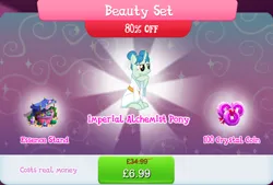 Size: 1267x856 | Tagged: safe, derpibooru import, official, pony, unicorn, background character, background pony, bamboo brush, bundle, bush, clothes, costs real money, curved horn, english, female, gameloft, hair bun, horn, image, jpeg, mare, mobile game, my little pony: magic princess, numbers, perfume, sale, solo, solo focus, stand, text