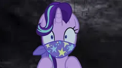 Size: 1920x1074 | Tagged: safe, derpibooru import, edit, starlight glimmer, unicorn, road to friendship, cloth gag, damsel in distress, danger, dungeon, gag, help me, horrified, horror, image, jpeg, kidnapped, oh crap, oh no, over the shoulder, scared, scarf gag, terrified, worried