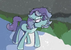 Size: 670x469 | Tagged: safe, derpibooru import, oc, oc:snowdin falls, earth pony, pony, blind, image, looking offscreen, png, snow, snowfall, solo, teenager