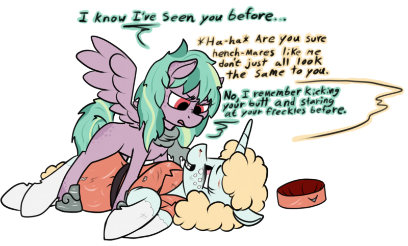 Size: 1085x655 | Tagged: safe, artist:thebathwaterhero, derpibooru import, oc, oc:calicarpa, oc:zako, unofficial characters only, pegasus, pony, unicorn, catfight, defeat, female, fight, horn, image, mare, pegasus oc, png, simple background, teenager, transparent background, unicorn oc, wings