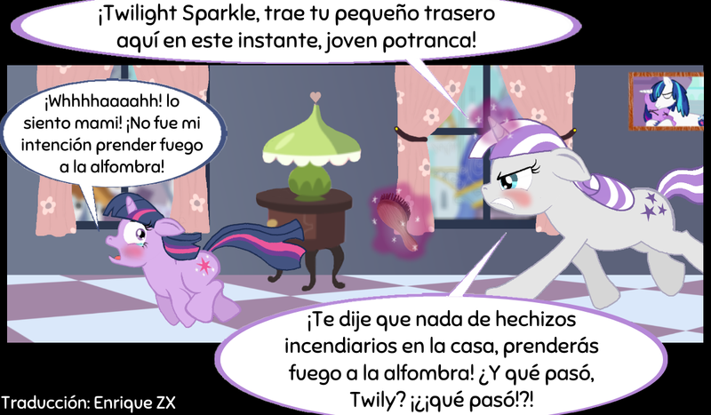 Size: 1200x700 | Tagged: safe, artist:thebuckneighkid, derpibooru import, edit, editor:enrique zx, shining armor, twilight sparkle, twilight velvet, pony, unicorn, angry, blushing, brother and sister, brush, chase, crying, derpibooru exclusive, dialogue, duo, female, filly, filly twilight sparkle, floppy ears, foal, hall, image, imminent spanking, incendiary spell, male, mother and child, mother and daughter, picture, png, punishment, running, siblings, spanish, spanish description, spanish text, spanking, this will end in grounding, this will end in pain, this will end in tears, translation, translator:enrique zx, unicorn twilight, younger