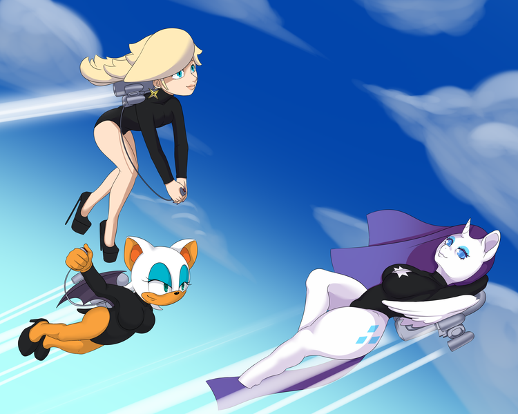 Size: 2896x2316 | Tagged: source needed, suggestive, artist:zettaidullahan, derpibooru import, rarity, alicorn, anthro, bat, human, clothes, female, flying, happy, image, jetpack, leotard, png, princess rosalina, rosalina, rouge the bat, sky, sky background, smiling, sonic the hedgehog (series), trio, trio female