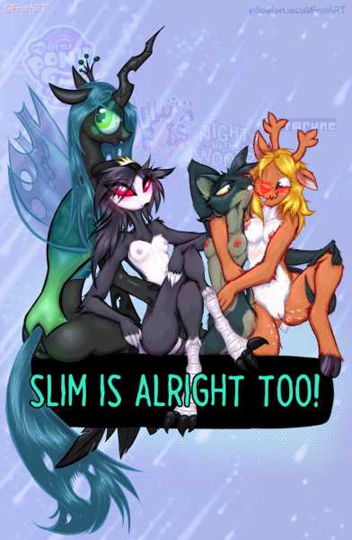 Size: 2673x4096 | Tagged: questionable, artist:frist44, derpibooru import, queen chrysalis, bird, changeling, deer, mouse, owl, reindeer, friendship is magic, anus, blushing, body positivity, braces, breasts, bucktooth, butt, clitoris, delicious flat chest, deltarune, fangs, glow, glowing eyes, helluva boss, hug, image, lori meyers, night in the woods, nipples, noelle holiday, nudity, octavia (helluva boss), older, png, ponut, red nose, skinny, small breasts, vulva