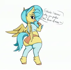 Size: 3193x3120 | Tagged: suggestive, alternate version, artist:andelai, derpibooru import, princess skystar, classical hippogriff, hippogriff, semi-anthro, my little pony: the movie, butt, clothes, female, image, jpeg, simple background, solo, solo female, speech bubble, white background