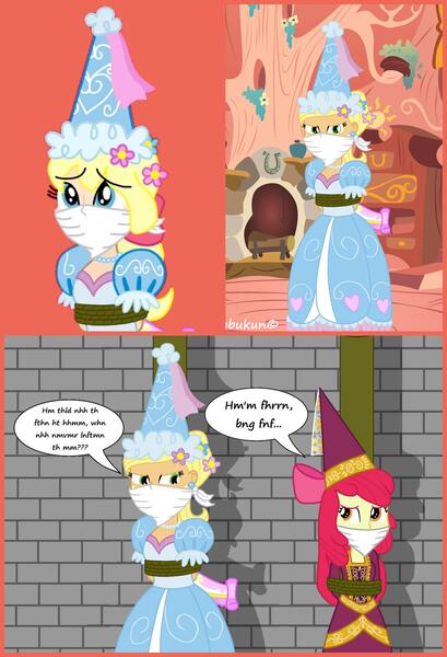 Size: 2927x4298 | Tagged: safe, artist:robukun, derpibooru import, apple bloom, applejack, megan williams, human, equestria girls, for whom the sweetie belle toils, look before you sleep, beautiful, bondage, bound and gagged, cloth gag, clothes, cute, damsel in distress, dress, froufrou glittery lacy outfit, g1, g4, gag, humanized, image, jackabetes, jpeg, kidnapped, muffled words, pole tied, pretty, princess, princess apple bloom, princess applejack, rope, tied up