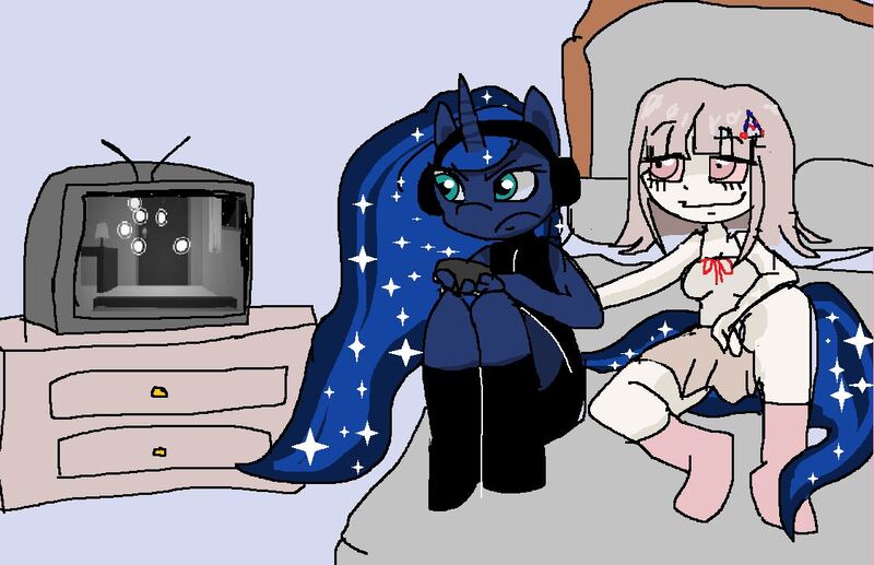 Size: 1124x726 | Tagged: safe, artist:bunnyhalo, princess luna, gamer luna, chiaki nanami, danganronpa, danganronpa 2, drugs, image, jpeg, marijuana, ms paint