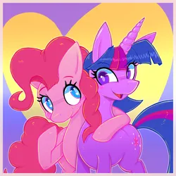 Size: 3100x3100 | Tagged: safe, artist:senx, derpibooru import, pinkie pie, twilight sparkle, earth pony, pony, unicorn, abstract background, duo, hug, image, png, smiling, unicorn twilight