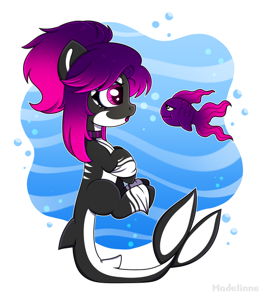 Size: 1764x1984 | Tagged: safe, artist:madelinne, derpibooru import, oc, unofficial characters only, fish, orca, orca pony, original species, bubble, chibi, image, pink eyes, png, swimming, underwater, unshorn fetlocks, water