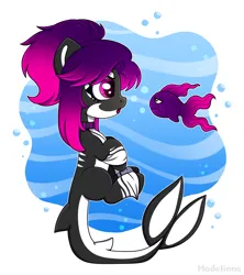 Size: 1764x1984 | Tagged: safe, artist:madelinne, derpibooru import, oc, unofficial characters only, fish, orca, orca pony, original species, bubble, chibi, image, pink eyes, png, swimming, underwater, unshorn fetlocks, water
