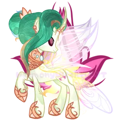 Size: 2048x2048 | Tagged: safe, artist:harmonyvitality-yt, derpibooru import, oc, unofficial characters only, changepony, hybrid, pony, hoof shoes, image, interspecies offspring, looking back, offspring, parent:princess celestia, parent:thorax, parents:thoralestia, png, raised hoof, simple background, solo, transparent background