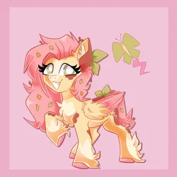Size: 2048x2048 | Tagged: safe, artist:plushtrapez, derpibooru import, fluttershy, pegasus, pony, alternate cutie mark, bow, chest fluff, coat markings, colored ears, colored hooves, colored wings, hair bow, image, leaves, leaves in hair, png, raised hoof, redesign, smiling, solo, tail, tail bow, two toned wings, unshorn fetlocks, white pupils, wings