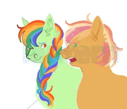 Size: 1280x1101 | Tagged: safe, artist:lanternik, derpibooru import, rainbow dash, oc, unofficial characters only, earth pony, pony, bust, deviantart watermark, ear fluff, earth pony oc, image, jpeg, magical lesbian spawn, multicolored hair, obtrusive watermark, offspring, parent:applejack, parent:rainbow dash, parents:appledash, rainbow hair, simple background, smiling, solo, watermark, white background