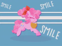 Size: 2048x1535 | Tagged: safe, artist:plushtrapez, derpibooru import, pinkie pie, earth pony, pony, basket, bow, cookie, eyes closed, food, hair bow, image, jpeg, lineless, mouth hold, smile smile smile, smiling, solo