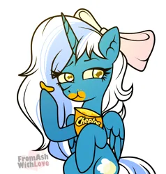 Size: 1900x2000 | Tagged: safe, artist:loverashley, derpibooru import, oc, oc:fleurbelle, unofficial characters only, alicorn, pony, alicorn oc, bow, cheetos, clothes, commission, eating, eyelashes, female, hair bow, hoof hold, horn, image, mare, png, simple background, solo, white background, wings, ych result
