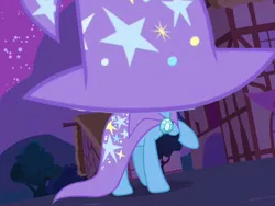Size: 2048x1536 | Tagged: safe, derpibooru import, edit, edited screencap, screencap, trixie, pony, unicorn, magic duel, season 3, building, cape, clothes, female, gem, hat, hidden face, image, mare, night, png, ponyville, raised hoof, random, silly, solo, stars, tree, trixie's cape, trixie's hat, weird