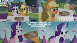 Size: 2000x1125 | Tagged: safe, derpibooru import, edit, edited screencap, editor:quoterific, screencap, applejack, berry punch, berryshine, bon bon, rarity, sweetie drops, wensley, earth pony, pony, unicorn, trade ya, background pony, bag, dented, duo focus, female, frown, glow, glowing horn, grin, gritted teeth, horn, image, magic, male, mare, open mouth, open smile, pie tin, png, sack, smiling, stallion, teeth, vintage