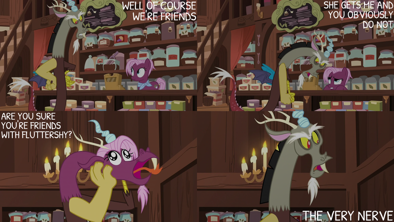 Size: 2000x1125 | Tagged: safe, derpibooru import, edit, edited screencap, editor:quoterific, screencap, discord, jasmine leaf, draconequus, earth pony, pony, discordant harmony, candle, discord is not amused, duo, duo male and female, facial hair, female, food, forked tongue, frown, goatee, gritted teeth, image, implied fluttershy, insulted, intimidated, intimidating, male, mare, morphing, offended, open mouth, open smile, png, pretend, smiling, snaggletooth, tea, teeth, tongue out, unamused