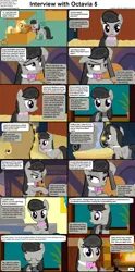 Size: 1282x2589 | Tagged: safe, artist:agrol, derpibooru import, edit, edited screencap, screencap, applejack, octavia melody, earth pony, pony, comic:celestia's servant interview, apple, aweeg*, bow (instrument), bucket, caption, cello, cello bow, clothes, comic, cs captions, female, fire, fireplace, food, glass, hoof hold, image, image macro, interview, mare, market, market stall, musical instrument, octavia is not amused, octavia's birthday, old art, png, scarf, screencap comic, striped scarf, text, unamused, wine glass