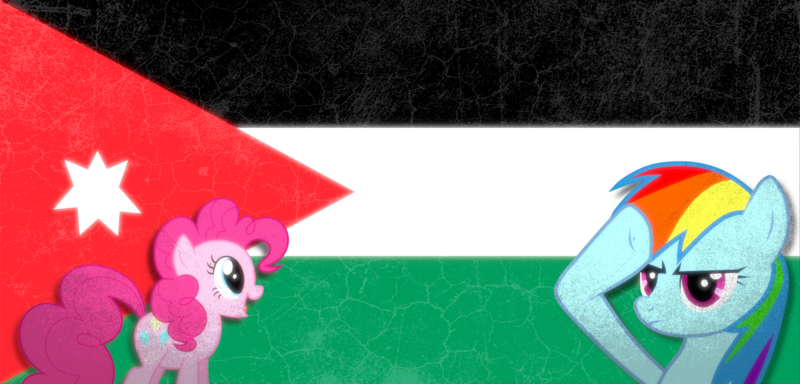 Size: 3583x1721 | Tagged: safe, artist:slickblade, derpibooru import, pinkie pie, rainbow dash, earth pony, pegasus, pony, arabian, country, female, flag, gimp, grunge, image, jordan, mare, middle east, png, politics, salute, smiling, texture