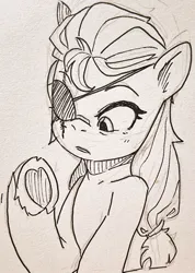 Size: 731x1024 | Tagged: safe, artist:maren, derpibooru import, sunny starscout, earth pony, pony, clothes, eye scar, eyepatch, facial scar, female, g5, image, jpeg, mare, open mouth, raised hoof, scar, sketch, solo, sweater, traditional art, unshorn fetlocks