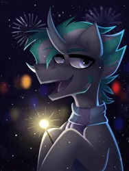 Size: 600x800 | Tagged: safe, artist:rtootb, derpibooru import, amethyst star, oc, unofficial characters only, original species, pony, unicorn, clothes, dark background, fireworks, happy, happy new year, holiday, image, jpeg, looking at someone, male, new year, night, scarf, simple background, snow, solo, striped scarf