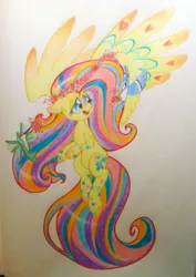 Size: 849x1198 | Tagged: safe, artist:kluzart, derpibooru import, fluttershy, bird, blue jay, hummingbird, pony, image, png, rainbow power, solo, traditional art