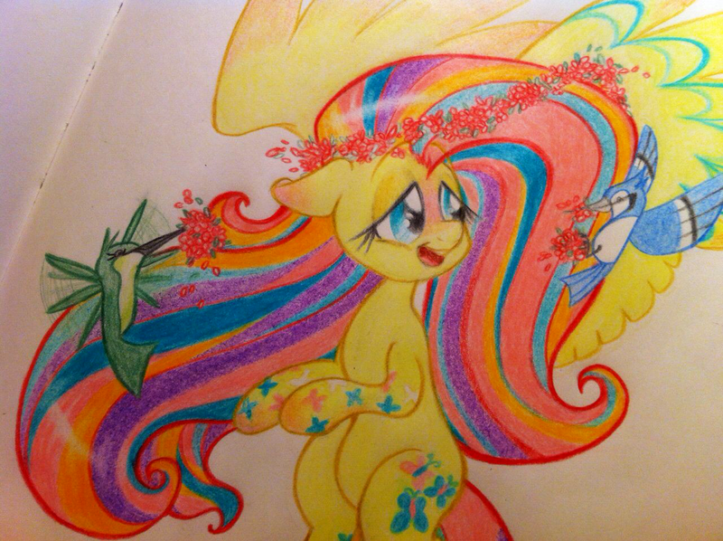 Size: 1280x956 | Tagged: safe, artist:kluzart, derpibooru import, fluttershy, bird, blue jay, hummingbird, pony, image, png, rainbow power, solo, traditional art