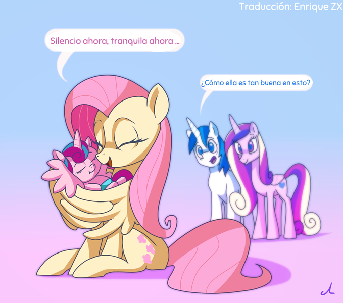Size: 5100x4507 | Tagged: safe, artist:docwario, derpibooru import, edit, editor:enrique zx, fluttershy, princess cadance, princess flurry heart, shining armor, alicorn, pegasus, pony, unicorn, baby, baby alicorn, baby flurry heart, baby pony, cute, eyes closed, female, flurrybetes, fluttermom, fluttober, gradient background, hug, hush now quiet now, image, male, mare, png, shyabetes, sleeping, spanish, spanish description, spanish text, stallion, translation, translator:enrique zx, wing hands, wing hold, winghug, wings