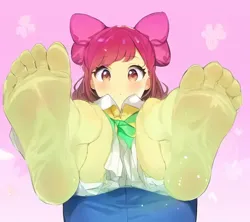 Size: 576x512 | Tagged: suggestive, derpibooru import, machine learning generated, apple bloom, equestria girls, barefoot, cute, feet, feet up, female, fetish, foot fetish, foot focus, image, legs, legs in air, looking at you, pictures of legs, pinegraph, png, sitting, smiling, soles, solo, toes