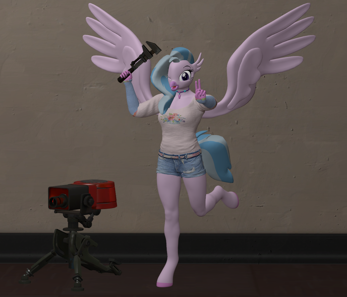 Size: 1260x1080 | Tagged: safe, artist:ponygamer2020, derpibooru import, silverstream, anthro, digitigrade anthro, hippogriff, 3d, bunny ears, bunny ears (gesture), clothes, criatures fortress 2, engineer, female, hooves, image, looking at you, nexgen, pants, png, pose, sentry gun, shirt, smiling, smiling at you, solo, source filmmaker, spread wings, t-shirt, tail, team fortress 2, weapon, wings, wrench