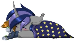 Size: 2048x1113 | Tagged: safe, artist:melodytheartpony, derpibooru import, oc, oc:dreaming star, oc:littlepip, bat pony, fallout equestria, blanket, blushing, commission, cuddling, eyes closed, fallout, feral, floppy ears, image, lying down, male, plushie, png, signature, simple background, sleeping, sleepy, stars, white background