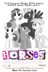 Size: 400x600 | Tagged: artist needed, editor needed, source needed, safe, derpibooru import, edit, bon bon, lyra heartstrings, sweetie drops, thunderlane, vinyl scratch, earth pony, pegasus, pony, unicorn, 1000 hours in ms paint, female, grayscale, image, jpeg, male, mare, monochrome, movie poster, parody, show accurate, simple background, stallion, white background