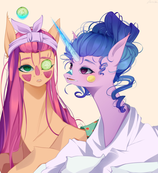 Size: 3200x3509 | Tagged: safe, artist:clefficia, derpibooru import, izzy moonbow, sunny starscout, alicorn, blushing, clothes, commission, commissioner:zcord, duo, duo female, female, floating, food, fruit, g5, glow, glowing horn, hairstyle, horn, image, jpeg, kiwi fruit, long hair, pajamas, pillow, shirt, simple background