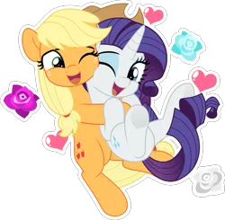 Size: 5092x5000 | Tagged: safe, artist:jhayarr23, derpibooru import, applejack, rarity, earth pony, pony, unicorn, accessory swap, applejack's hat, commission, commissioner:raritybro, cowboy hat, cute, female, flower, hat, heart, hug, hug from behind, image, jackabetes, lesbian, one eye closed, png, raribetes, rarijack, shipping, simple background, smiling, transparent background, ych result